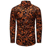 fohemr Mens Halloween Shirts Ugly Pumpkin Print Long Sleeve Button Down Casual Jack-O-Lantern Costume Dress Shirt Theme Party Black 3X-Large