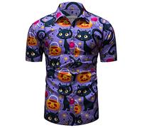 fohemr Mens Halloween Shirts Ugly Pumpkin Print Short Sleeve Button Down Casual Hawaiian Shirt Cat Theme Adult Dress Purple Large