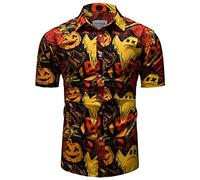 fohemr Mens Halloween Shirts Ugly Pumpkin Print Short Sleeve Button Down Casual Hawaiian Shirt Ghost Theme Adult Dress Red Small