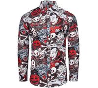 fohemr Mens Halloween Shirts Ugly Pumpkin Skull Spider Print Long Sleeve Button Down Casual Jack-O-Lantern Costume Dress Shirt Theme Party Clothes Red Small