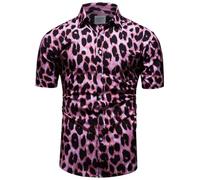 fohemr Mens Leopard Printed Shirt Short Sleeve Casual Button Down Retro Cheetah Print Shirt Pink 3X-Large