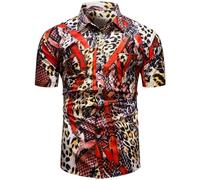 fohemr Mens Leopard Snakeskin Belt Print Shirt Short Sleeve Casual Button Down Retro Cheetah Printed Shirt Orange Medium