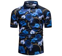 fohemr Mens Luxury Polo Shirts Baroque Style Blue Rose Gold Chain Print Short Sleeve Shirt Summer Golf Tennis T-Shirt Casual Tops Blue Small