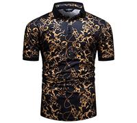 fohemr Mens Luxury Polo Shirts Baroque Style Gold Chain Print Short Sleeve Shirt Summer Golf Tennis T-Shirt Casual Tops Black Small
