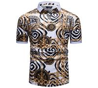 fohemr Mens Luxury Polo Shirts Baroque Style Gold Chain Print Short Sleeve Shirt Summer Golf Tennis T-Shirt Casual Tops White Medium