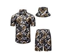 fohemr Mens Luxury Shirt and Short Set Outfit Baroque 2 Piece Black Gold Chain Print Button Down Casual Hawaiian Shirt Suits with Bucket Hat 4X-Large