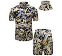 fohemr Mens Luxury Shirt and Short Set Outfit Baroque 2 Piece Black Gold Chain Print Button Down Casual Hawaiian Shirt Suits with Bucket Hat Small