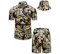 fohemr Mens Luxury Shirt and Short Set Outfit Baroque 2 Piece Black Gold Chain Print Button Down Casual Hawaiian Shirt Suits with Bucket Hat Large