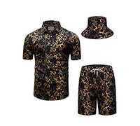 fohemr Mens Luxury Shirt and Short Set Outfit Baroque 2 Piece Black Gold Chain Print Casual Button Down Hawaiian Shirt Suits with Bucket Hat XX-Large