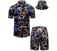fohemr Mens Luxury Shirt and Short Set Outfit Baroque 2 Piece Black Gold Chain Print Short Sleeve Casual Hawaiian Shirt Suits with Bucket Hat Black X-Large