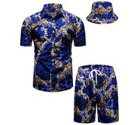 fohemr Mens Luxury Shirt and Short Set Outfit Baroque 2 Piece Gold Chain Leopard Print Button Down Casual Hawaiian Shirt Suits with Bucket Hat Purple 4X-Large