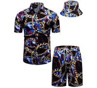 fohemr Mens Luxury Shirt and Short Set Outfit Baroque 2 Piece Gold Chain Print Button Down Casual Hawaiian Shirt Suits with Bucket Hat Black 3X-Large