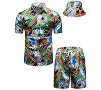 fohemr Mens Luxury Shirt and Short Set Outfit Baroque 2 Piece Gold Chain Print Button Down Casual Hawaiian Shirt Suits with Bucket Hat Green 5X-Large