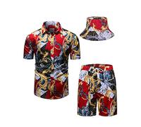 fohemr Mens Luxury Shirt and Short Set Outfit Baroque 2 Piece Gold Chain Print Button Down Casual Hawaiian Party Shirt Suits with Bucket Hat Red X-Large