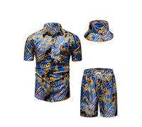 fohemr Mens Luxury Shirt and Short Set Outfit Baroque 2 Piece Gold Chain Print Button Down Casual Hawaiian Shirt Suits with Bucket Hat Gold Blue Small