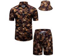 fohemr Mens Luxury Shirt and Short Set Outfit Baroque 2 Piece Gold Chain Print Button Down Casual Hawaiian Shirt Suits with Bucket Hat Black XX-Large
