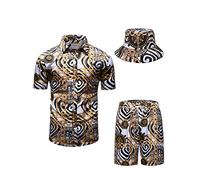 fohemr Mens Luxury Shirt and Short Set Outfit Baroque 2 Piece Gold Chain Print Button Down Casual Hawaiian Shirt Suits with Bucket Hat White 5X-Large