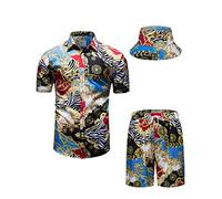 fohemr Mens Luxury Shirt and Short Set Outfit Baroque 2 Piece Gold Chain Print Short Sleeve Casual Hawaiian Shirt Suits with Bucket Hat Blue 4X-Large