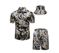 fohemr Mens Luxury Short Set Outfit Baroque 2 Piece Hawaiian Casual Black Gold Chain Print Button Down Shirts and Shorts Set with Bucket Hat 3X-Large