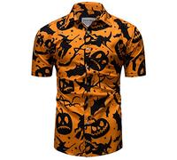 fohemr Mens Ugly Halloween Pumpkin Bat Shirts Printed Button Down Casual Short Sleeve Horror Ghost Themed Hawaiian Shirt