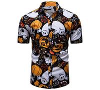 fohemr Mens Ugly Halloween Pumpkin Bat Shirts Printed Button Down Casual Short Sleeve Horror Ghost Themed Hawaiian Shirt