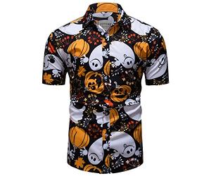 fohemr Mens Ugly Halloween Pumpkin Bat Shirts Printed Button Down Casual Short Sleeve Horror Ghost Themed Hawaiian Shirt