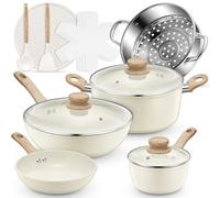 FOHERE 15 PCS Pots and Pans Set, Non-stick Ceramic Cookware sets, Kitchen Induction Cooking Set with Pizza Pan, Food Steamer, Saucepans, Frying Pans (White)