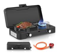 FOHERE 2-Burner Camping Stove, Portable Propane Gas Stove, 6000W Capacity | Tabletop Camping Cooktop with Adjustable Burners, Lid, 20,000 BTUs of Power for Camping, Grilling, BBQ, Outdoor Cooking