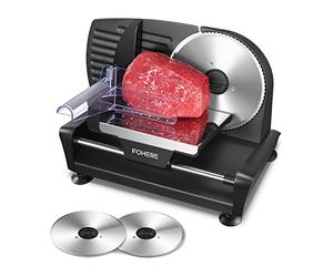 FOHERE Electric Meat Slicer Machine 200W for Home Use, with 2 Removable Stainless Steel Blade(Smooth/Serrated) and Food Pusher, Safety Switch, 0-15mm Thickness Adjustment, for Cheese, Bread