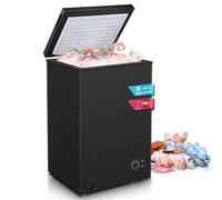 FOHERE Freestanding Chest Freezers 98L with Removable Storage Basket and Hovering Door, Thermostat Control, Suitable for Outbuildings, Garages and Sheds, 4* Freezer Rating, Black