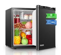 FOHERE Mini Fridge 46L, E Energy Rating, Table Top Fridge, Reversible Door, Adjustable temperature, Built in Ice Box, Compact Wine&Beers Cooling, Black