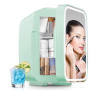 FOHERE Mini Fridge for Bedrooms, 5L/6 Can Portable Skincare Fridge with Dimmable LED Light Mirror, Cooler & Warmer for Food, Drinks and Cosmetic (Green)