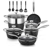 FOHERE Nonstick Pots and Pans Set with Lids 17 PCS, Ceramic Coating | Pan Induction, Aluminum Kitchen Cookware Sets with Frying Pans, Saucepans, Stock Pot, Black