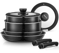 FOHERE Pots and Pans Set Nonstick, 8 Piece, with 2 Detachable Handles, Lids
