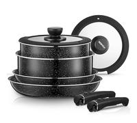 FOHERE Pots and Pans Set Nonstick, 8 Piece, with 2 Detachable Handles, Lids | Induction Kitchen Cookware Set for All Stoves, Oven Safe, Saucepan and Frying Pan, RV Cookware, Aluminum, Black