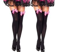 Fohevers 2 Pcs Womens Bow Thigh High Stockings Thigh High Socks high Highs Satin Bow Opaque Over The Knee High, Black with Pink Bows