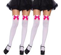 Fohevers 2 Pcs Womens Bow Thigh High Stockings Thigh High Socks high Highs Satin Bow Opaque Over The Knee High, White with Rose Bows