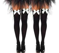 Fohevers 2 Pcs Womens Bow Thigh High Stockings Thigh High Socks high Highs Satin Bow Opaque Over The Knee High, Black with White Bows