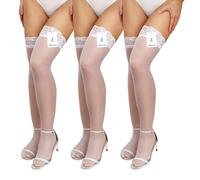 Fohevers Womens Sheer Thigh High Stockings with Silicone Lace Top Nylon Stay Up Pantyhose Anti-skid Silk Tights 3 Pack, White