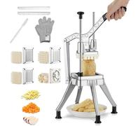 FOHRER Commercial Vegetable Chopper with 4 Interchangeable Blades, Heavy Duty Potato Chipper French Fry Cutter, Manual Food Dicer Slicer for Onion Tomato Fruit, Silver