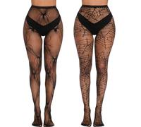 Fohuanky 2 Pairs Halloween Tights for Women Spider Web Skull Witch Fishnet Pantyhose Fun & Spooky Halloween Costume Accessories (UK, Alpha, One Size, Regular, Regular, Colour 1)