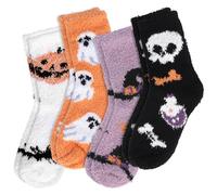 Fohuanky 4 Pairs Women’s Halloween Fluffy Socks Cosy Fuzzy Crew Socks with Pumpkin Ghost Witch Designs Holiday Festival Accessories (Colour 1)