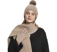 Fohuanky Women’s Winter Hat Scarf and Gloves Set Thick Knitted Beanie with Pom Pom Fleece Lined Gloves Long Scarf Ladies Warm Winter Accessories Gift Set (Khaki)