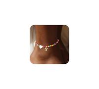 Fohufo Initial Ankle Bracelets for Women - Cute Heart Charm Anklets, 14K Gold Plated Letter Colorful Beads Anklet | Summer Beach Trendy Jewelry | 2025 Personalized Birthday Gifts for Her, 7.8"+2", no