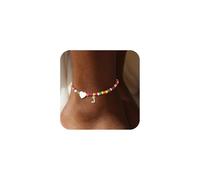Fohufo Initial Ankle Bracelets for Women - Cute Heart Charm Anklets, 14K Gold Plated Letter Colorful Beads Anklet | Summer Beach Trendy Jewelry | 2025 Personalized Birthday Gifts for Her, 7.8"+2", no