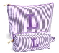 Fohufo Travel Makeup Bag Set - Embroidery Initial Travel Toiletry Bag, Personalized Portable Travel Essentials Makeup Bag | Cute Pink/Purple/Blue Stuff Gifts for Women Mom Daughter Teacher, Purple