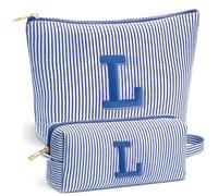 Fohufo Travel Makeup Bag Set - Embroidery Initial Travel Toiletry Bag, Personalized Portable Travel Essentials Makeup Bag | Cute Pink/Purple/Blue Stuff Gifts for Women Mom Daughter Teacher, Blue