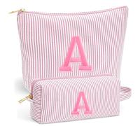 Fohufo Travel Makeup Bag Set - Embroidery Initial Travel Toiletry Bag, Personalized Portable Travel Essentials Makeup Bag | Cute Pink/Purple/Blue Stuff Gifts for Women Mom Daughter Teacher, Light Pink