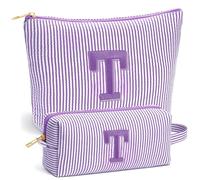 Fohufo Travel Makeup Bag Set - Embroidery Initial Travel Toiletry Bag, Personalized Portable Travel Essentials Makeup Bag | Cute Pink/Purple/Blue Stuff Gifts for Women Mom Daughter Teacher, Purple, T