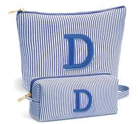 Fohufo Travel Makeup Bag Set - Embroidery Initial Travel Toiletry Bag, Personalized Portable Travel Essentials Makeup Bag | Cute Pink/Purple/Blue Stuff Gifts for Women Mom Daughter Teacher, Blue, D